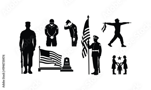 Veteran memorial salute American flag soldier vector silhouette illustration