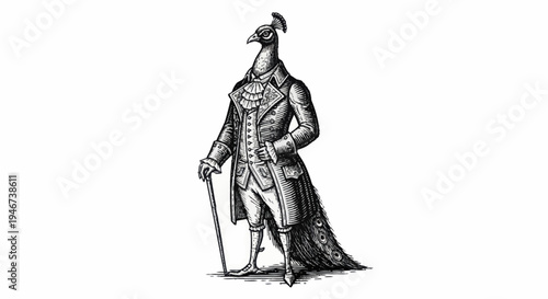 Anthropomorphic Peacock Dressed in Victorian Gentleman Attire Holding Cane.