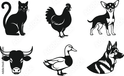 Black and white silhouette vector set featuring domestic farm animals and household pets including cat dog cow duck chicken and chihuahua.