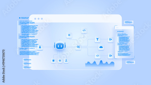 AI workflow automation artificial intelligence. ai agent workflow diagram dashboard machine learning architecture data processing flow, coding panels, analytics and automation system.