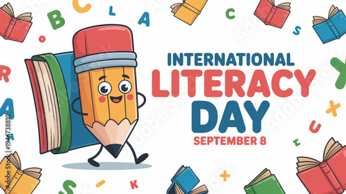 International literacy day poster with smiling pencil character holding books surrounded by colorful letters and stationery