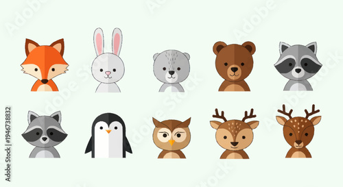 Collection of Cute Cartoon Forest Animals and Birds.