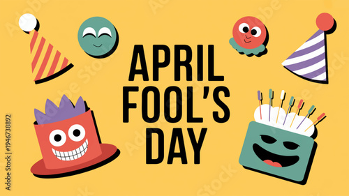 April fool's day flat illustration with colorful prank elements and party hats on yellow background