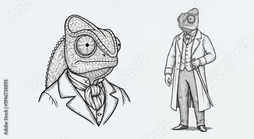 Anthropomorphic Chameleon Dressed in Vintage Suit and Top Hat.