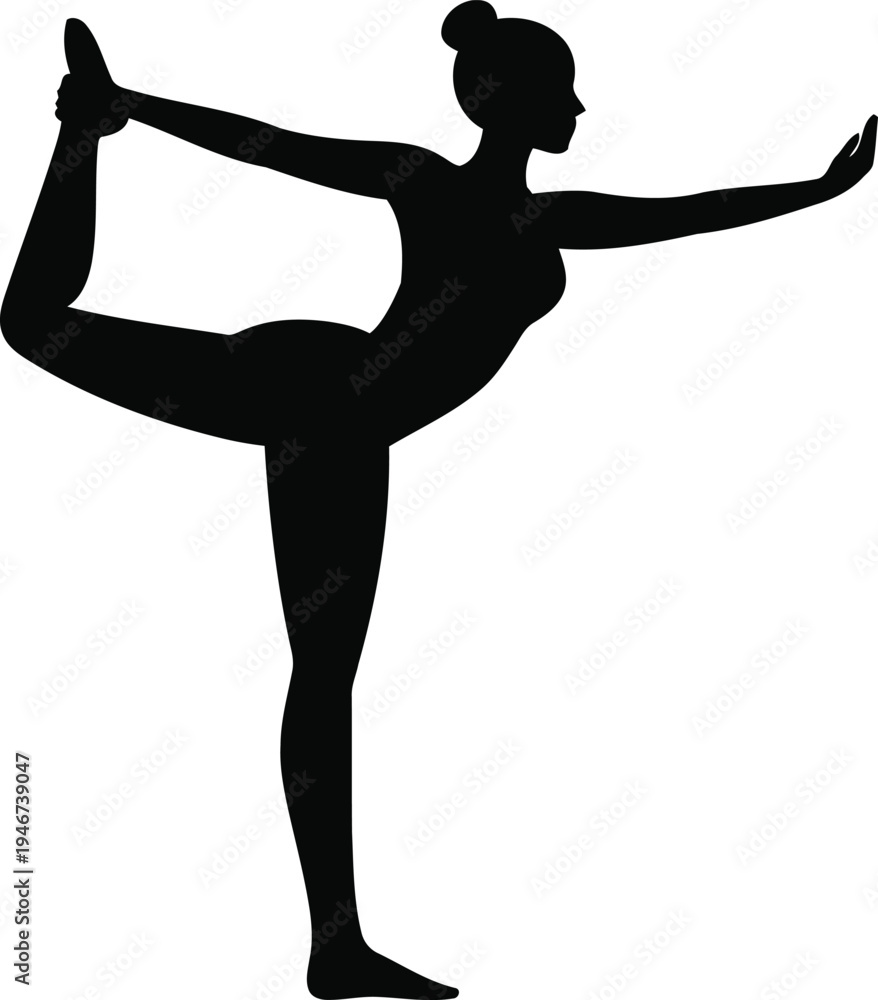 Fototapeta premium Silhouette of a woman performing a dancer's pose in yoga, highlighting flexibility and balance