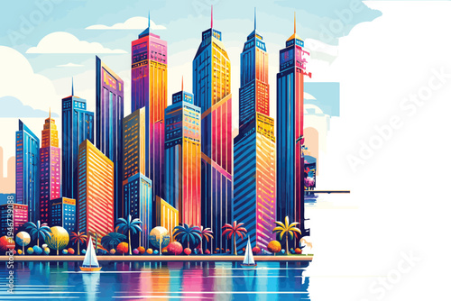 Vibrant cityscape illustration with colorful modern skyscrapers reflecting in the water during daytime
