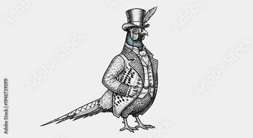 Elegant Pheasant Dressed in Vintage Formal Attire.