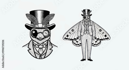 Whimsical Moth Man and Owl Gentleman Illustration.