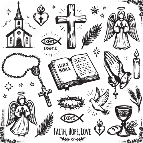 Religious symbols and icons including Bible, church, and angels  