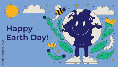 Earth Day illustration with cartoon globe character
