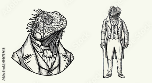 Steampunk Lizard Man and Gentleman Illustration.