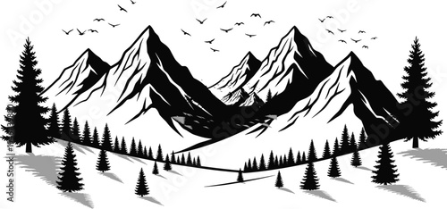 Detailed silhouette of high mountain peaks with pine trees and flying birds for nature travel, adventure, wilderness, and outdoor exploration.