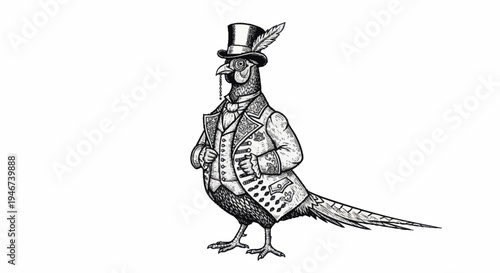 Elegant Pheasant Dressed in Formal Victorian Attire.