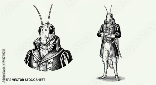Anthropomorphic Grasshopper Character in Vintage Military Uniform.