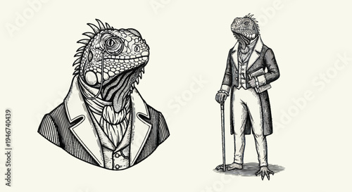 Anthropomorphic Iguana Gentleman in Victorian Attire.