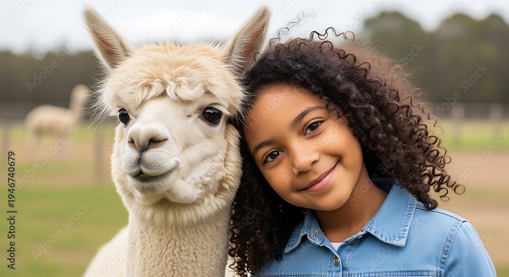 Obraz premium A smiling child leans against a fluffy white llama in a grassy field on an overcast day