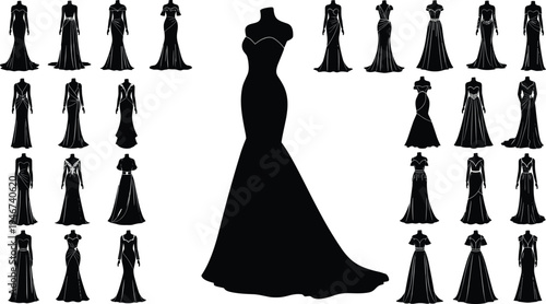 elegant evening gown silhouette collection, fashion dress designs set, female mannequin couture styles, long dress illustration for fashion design