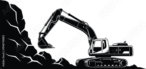 Excavator operating near rocky cliff, black and white illustration, construction machinery, mining equipment, heavy duty machine, excavation vector, industrial design artwork