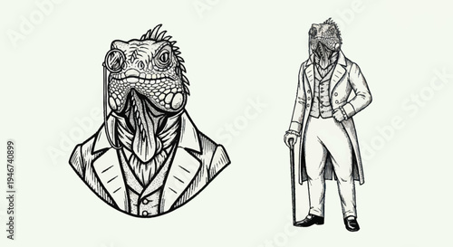 Anthropomorphic Lizard Man in Victorian Attire.