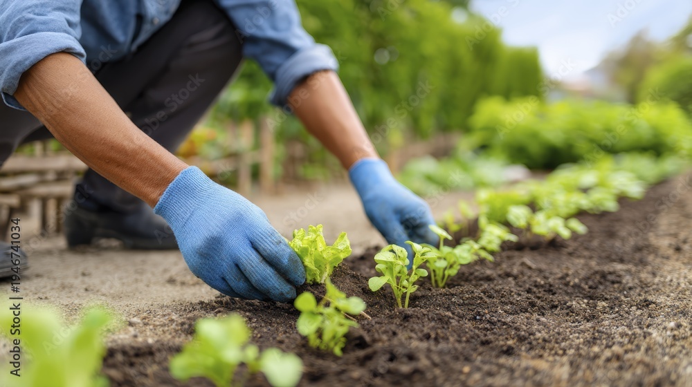 Fototapeta premium Gardening enthusiast planting fresh lettuce seedlings in neat rows