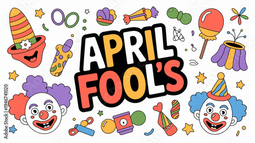 Whimsical april fools' doodle elements with clowns hats and colorful decorations on white background