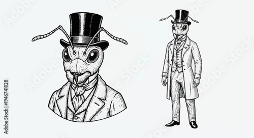 Anthropomorphic Ant Dressed in Victorian Gentleman Attire.