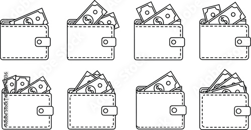 Set of eight wallet icons with paper money bills in various quantities and positions in flat black line art style
