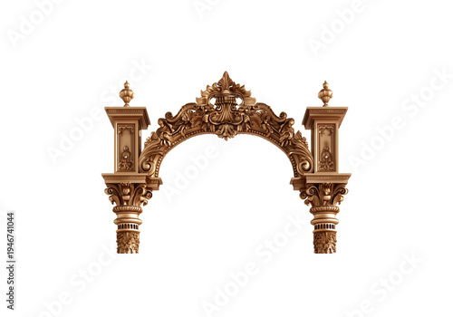 Ornate golden temple arch with intricate classical carvings and decorative columns