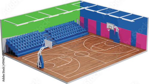 Basketball court isometric illustration, indoor sports arena with wooden floor and hoop, spectator bleachers and stadium lighting, isolated vector illustration.