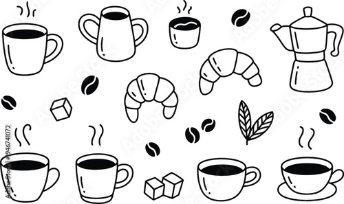 Hand-drawn doodle illustration of coffee and croissants, including cups, mugs, coffee beans, sugar cubes, and a moka pot.