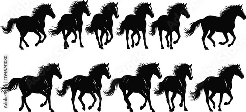Set of eleven black horse silhouettes in various running and galloping poses isolated on white background for equine vector design