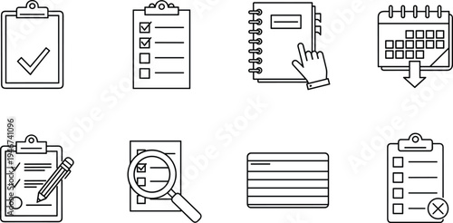Set of productivity and office icons including clipboard checklist calendar notebook and magnifying glass in flat black line art vector