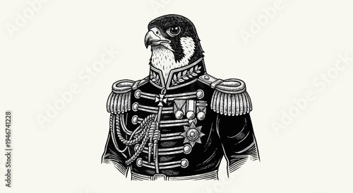 A Majestic Falcon Dressed in a Detailed Military Uniform.