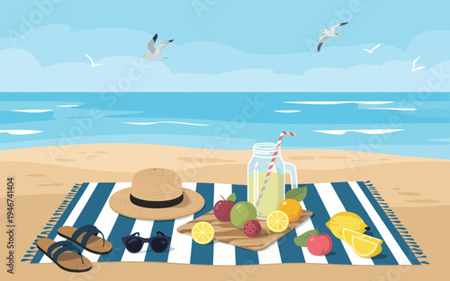 Beach picnic setup with a straw hat, sunglasses, fresh fruit, lemonade in a jar, and flip-flops on a striped blanket with ocean and seagulls in background.