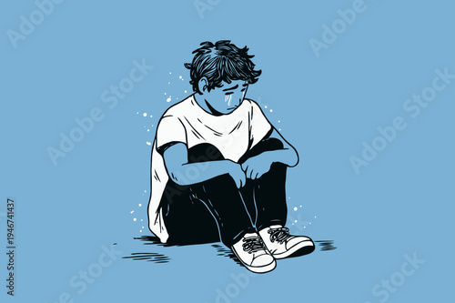 Sad child sitting on floor in expressive drawing on blue background, concept of loneliness and emotional struggle