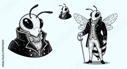 Anthropomorphic Bee Gentleman Victorian Style Illustration.
