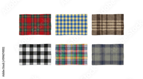 Set of six rectangular fabric swatches featuring a variety of plaid and checkered patterns, including red Royal Stewart tartan, blue and yellow gingham, neutral brown plaid, black and white buffalo ch