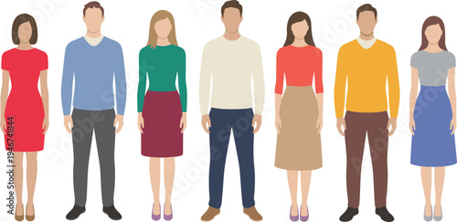 Flat vector illustration of a diverse group of men and women standing together in a row wearing colorful smart casual clothing and professional attire.