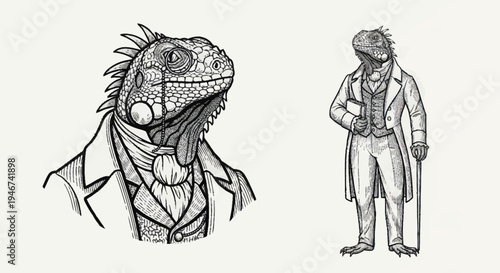 Anthropomorphic iguana gentleman in vintage attire.
