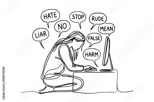 Line art showing a person at a computer facing hurtful speech bubbles on a white background, expressing cyberbullying concept. Cyber bullying concept