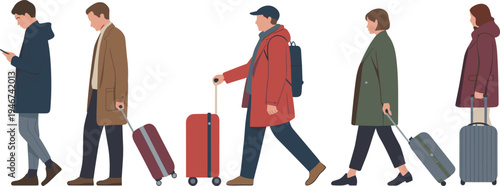 Flat vector illustration of a diverse group of people in winter coats walking with suitcases and luggage while traveling through an airport terminal.
