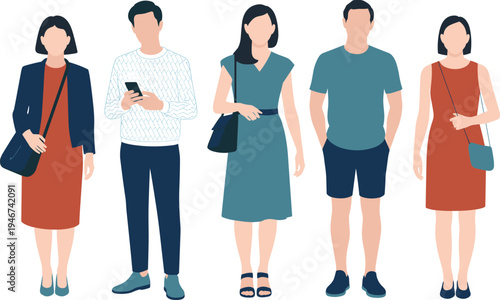 Flat Vector Illustration of Diverse Young Men and Women Standing Together in Casual Summer Outfits, Fashionable People Collection for Modern Minimalist Graphic Design Projects.