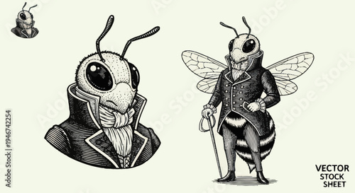 Anthropomorphic Bee Character in Victorian Attire.