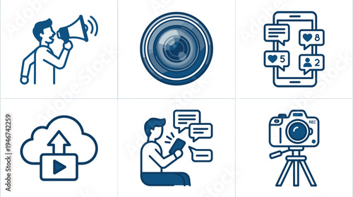 Content creation and social media marketing icon set with megaphone camera mobile chat cloud upload symbols minimal vector illustration