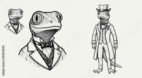 Anthropomorphic Lizard Character in Formal Attire Sketch.