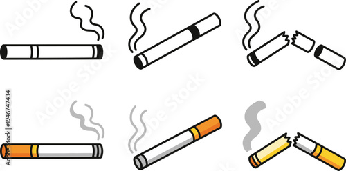 Cigarette vector icons in various smoking states and colors
