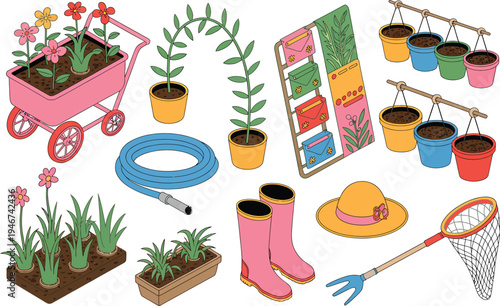 Charming collection of gardening items for a blooming garden, including plants, tools, and accessories.