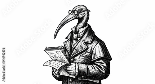 Victorian Era Ibis Bird Gentleman Reading Newspaper Illustration.