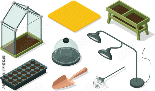 Isometric view of indoor gardening setup with a greenhouse, grow lights, and planting accessories.