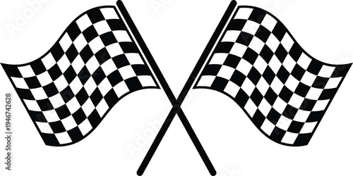 Black and white checkered racing flags crossed, waving, vector graphic illustration